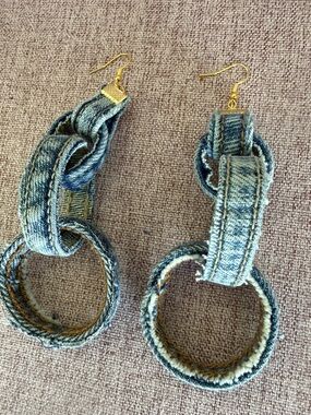 Denim Loop Drop Earrings - Faded Blue with Gold Hooks